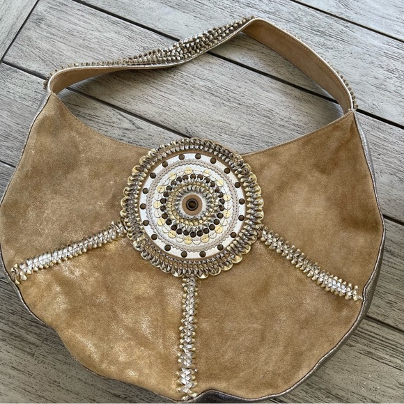 Chicos Vintage Leather Gold Embellished Hobo Bag - Picture 1 of 10